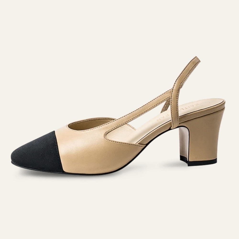 Kaitlyn Pan Women's Beige and Black Lambskin Leather Slingback Mid Heel